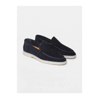 Marivon men's navy suede loafers, angled product view on white