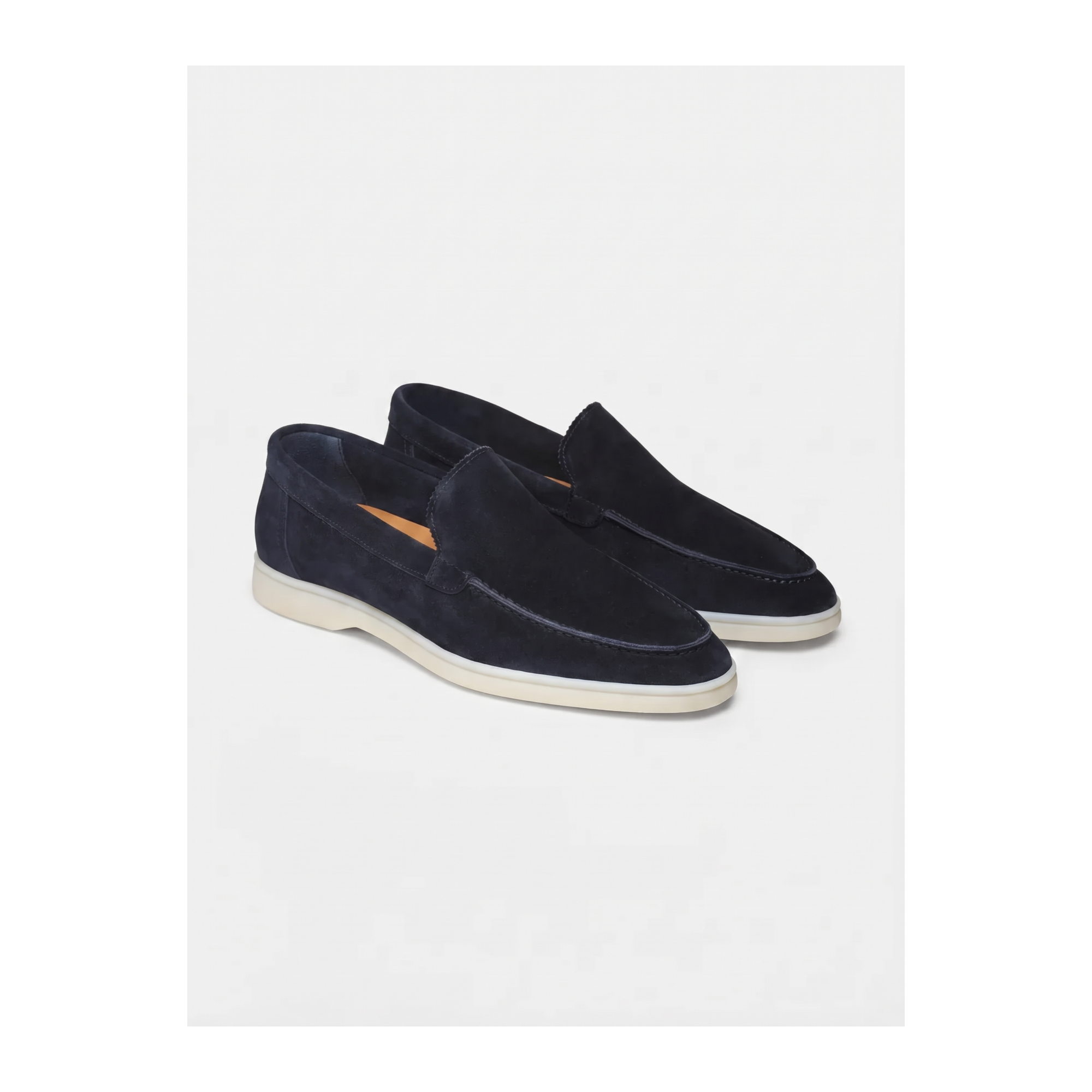 Marivon men's navy suede loafers, angled product view on white