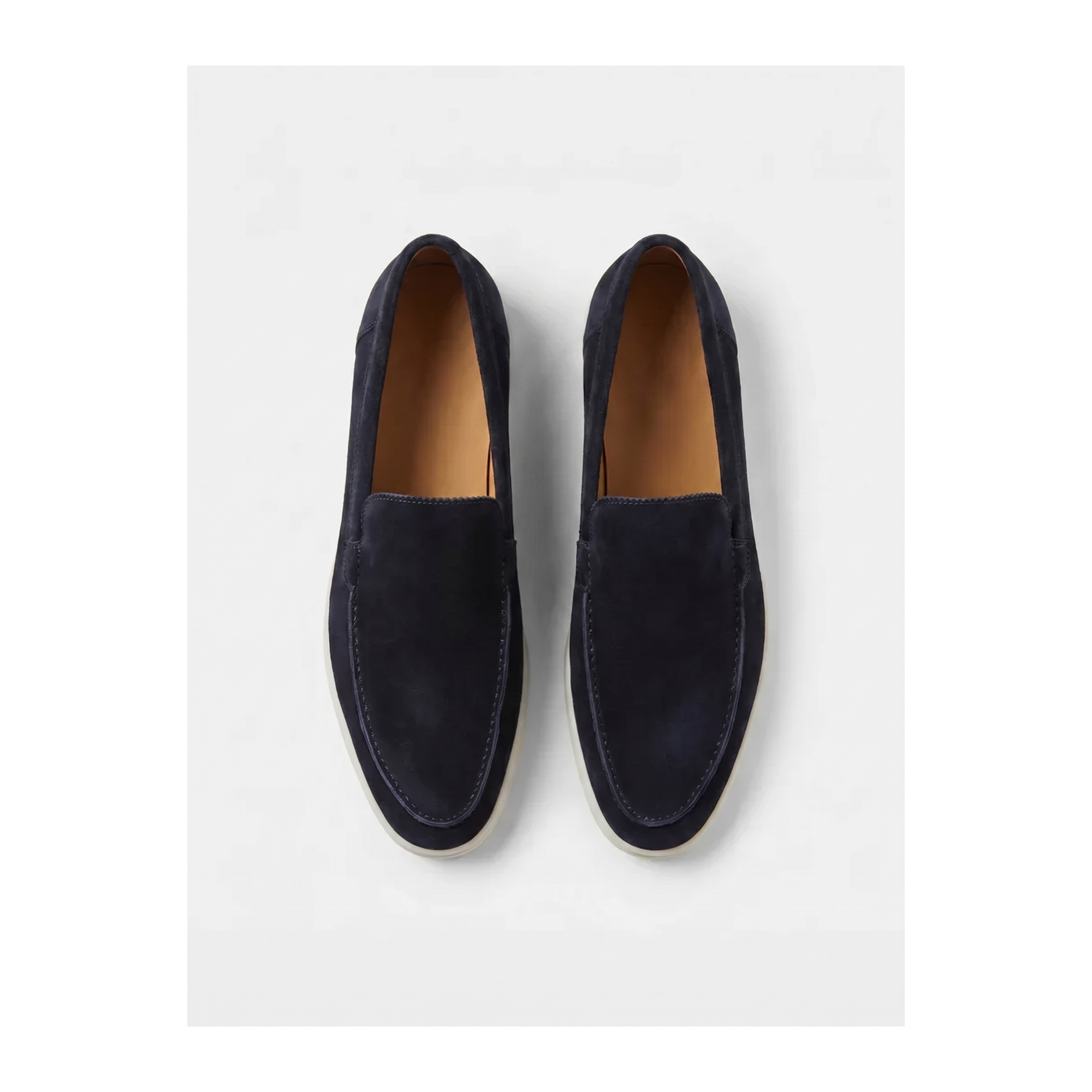 Marivon men's navy suede loafers, top view on white