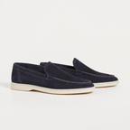 Marivon navy suede loafers, premium side studio view