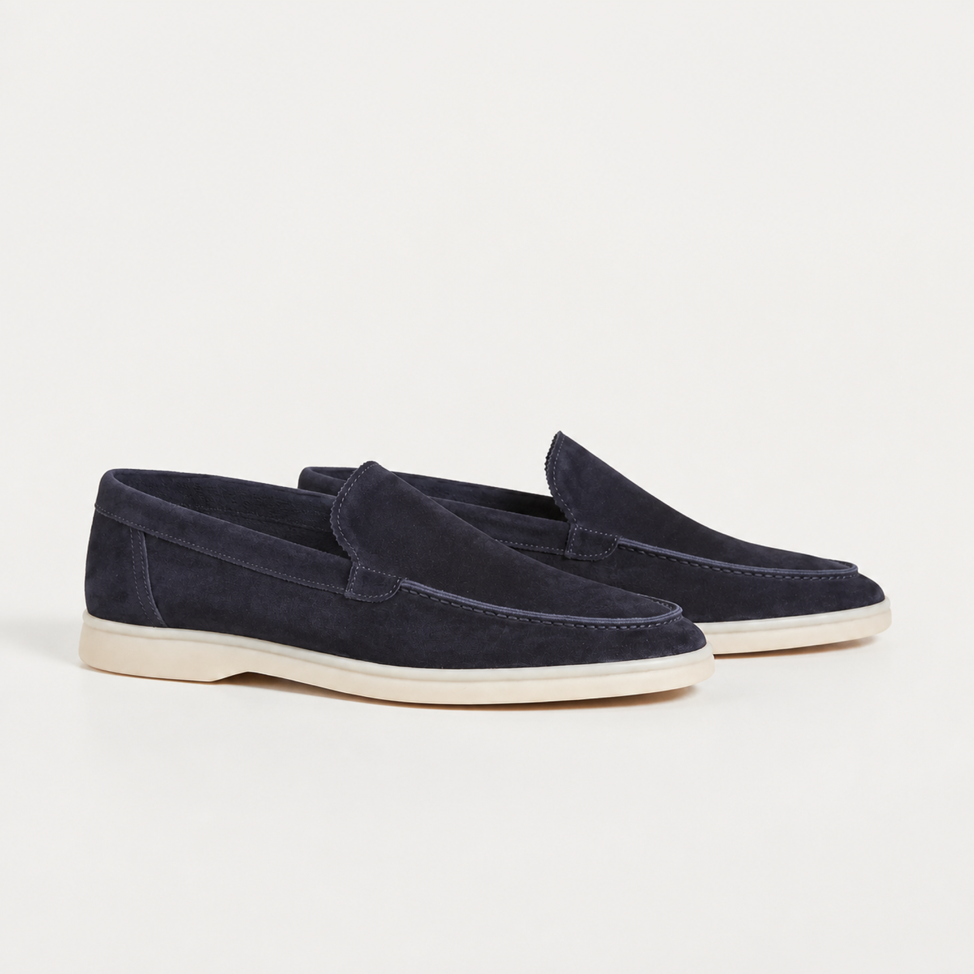 Marivon navy suede loafers, premium side studio view