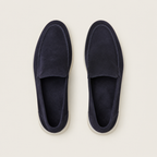Marivon navy suede loafers, premium top studio view