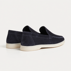 Marivon navy suede loafers, premium rear studio view