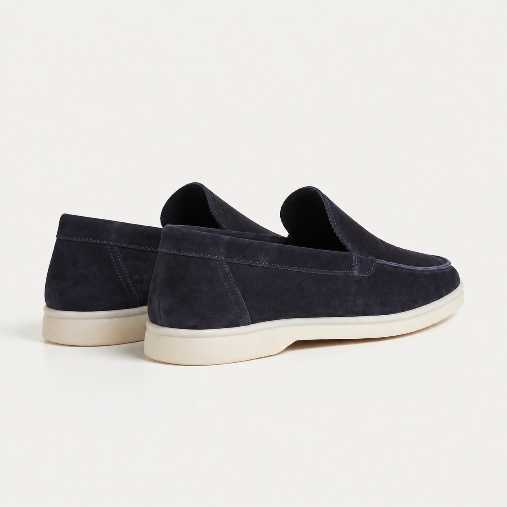 Marivon navy suede loafers, premium rear studio view