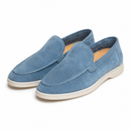Marivon sapphire-blue suede-effect boat loafers, front three-quarter pair view on white