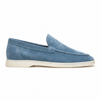 Marivon sapphire-blue suede-effect boat loafer, side profile on white