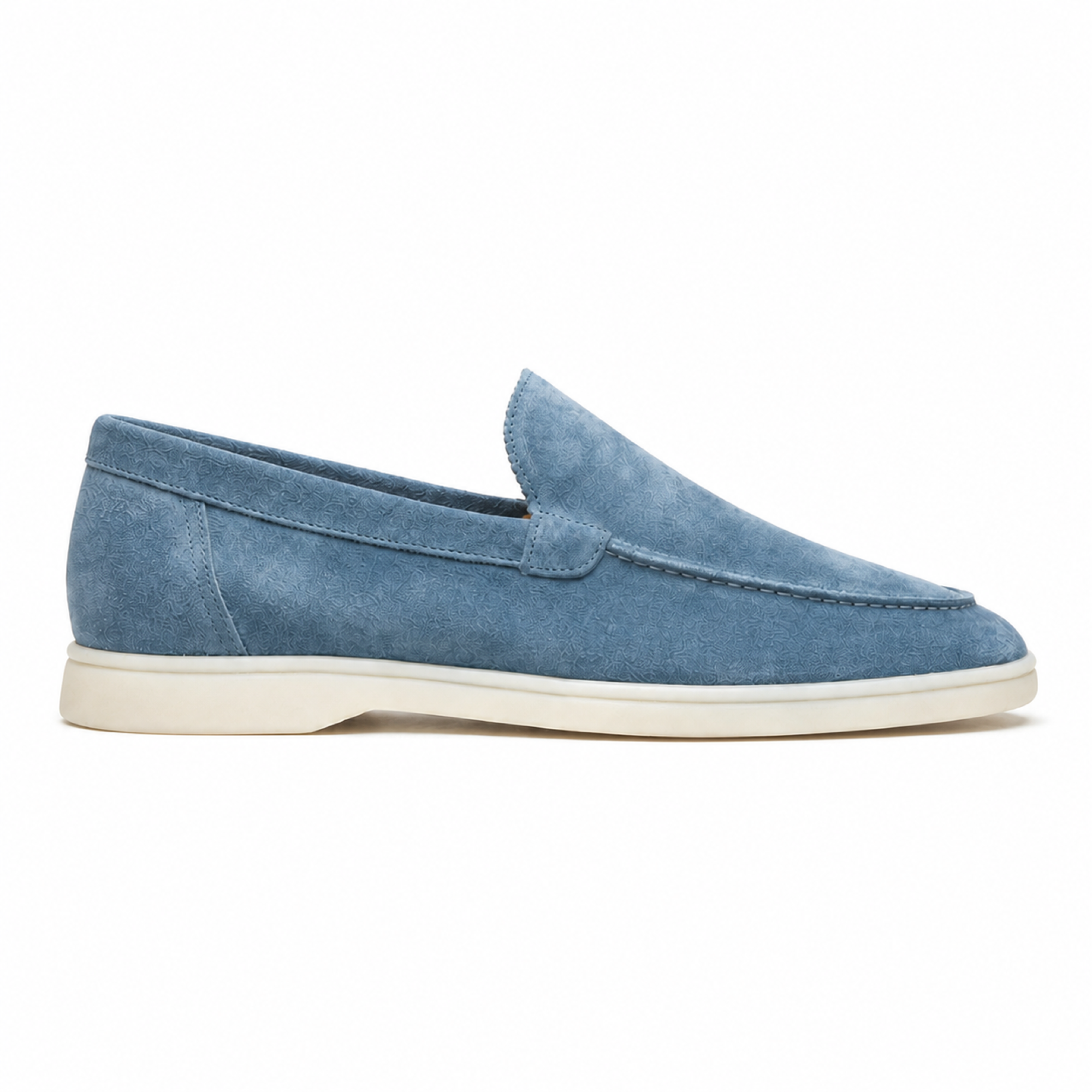 Marivon sapphire-blue suede-effect boat loafer, side profile on white