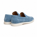 Marivon sapphire-blue suede-effect boat loafers, rear three-quarter view on white