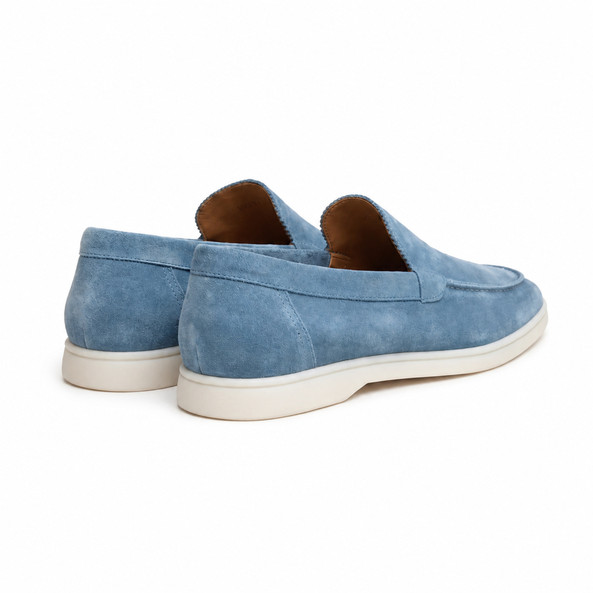 Marivon sapphire-blue suede-effect boat loafers, rear three-quarter view on white