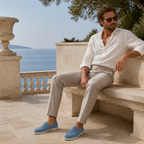 Marivon sapphire-blue boat loafers on a refined Mediterranean terrace