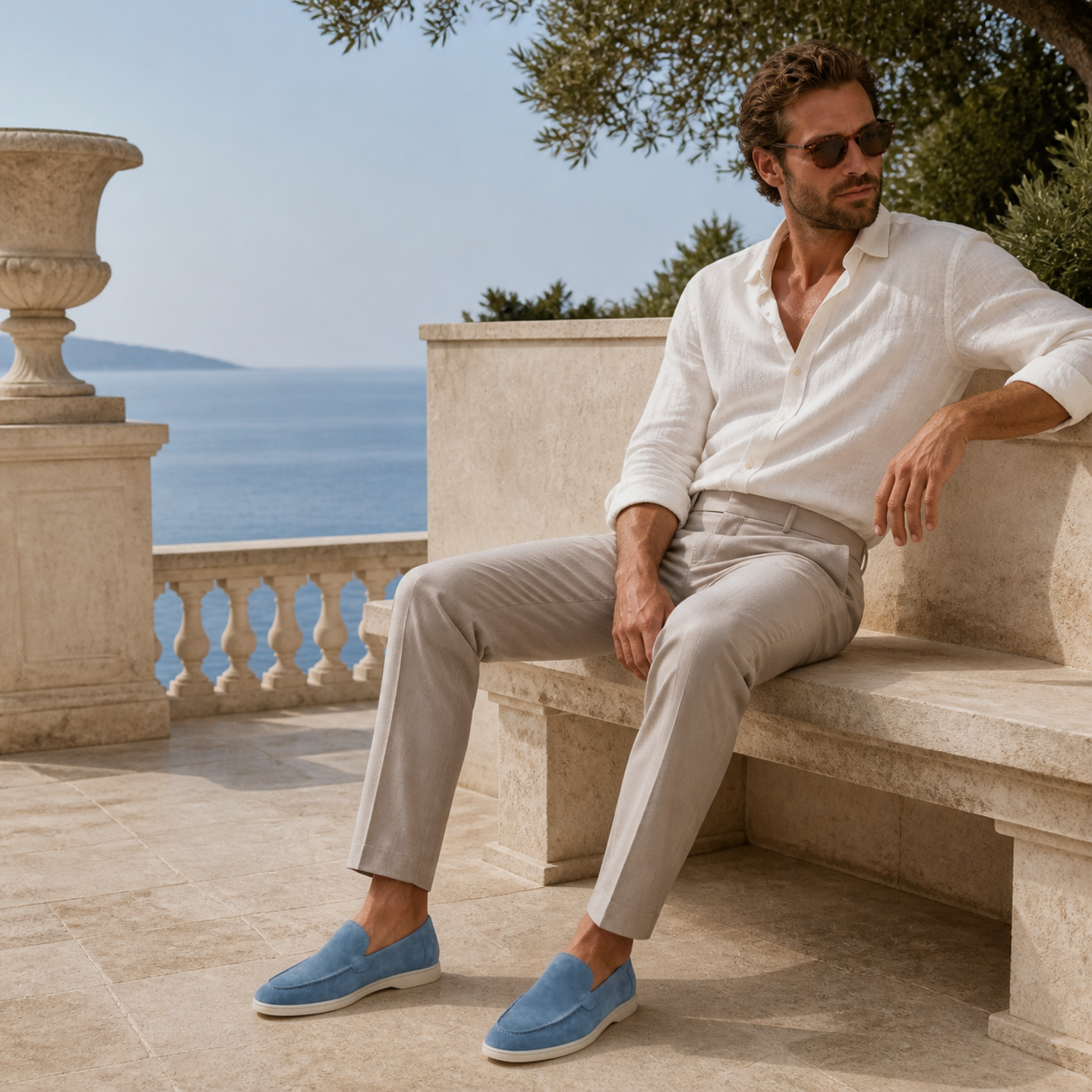 Marivon sapphire-blue boat loafers on a refined Mediterranean terrace