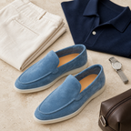 Marivon sapphire-blue boat loafers in a refined menswear flat lay