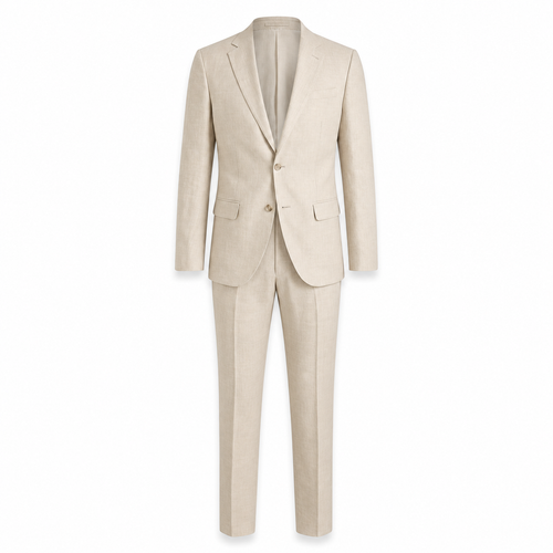 Men's beige linen-blend suit, ghost mannequin front view