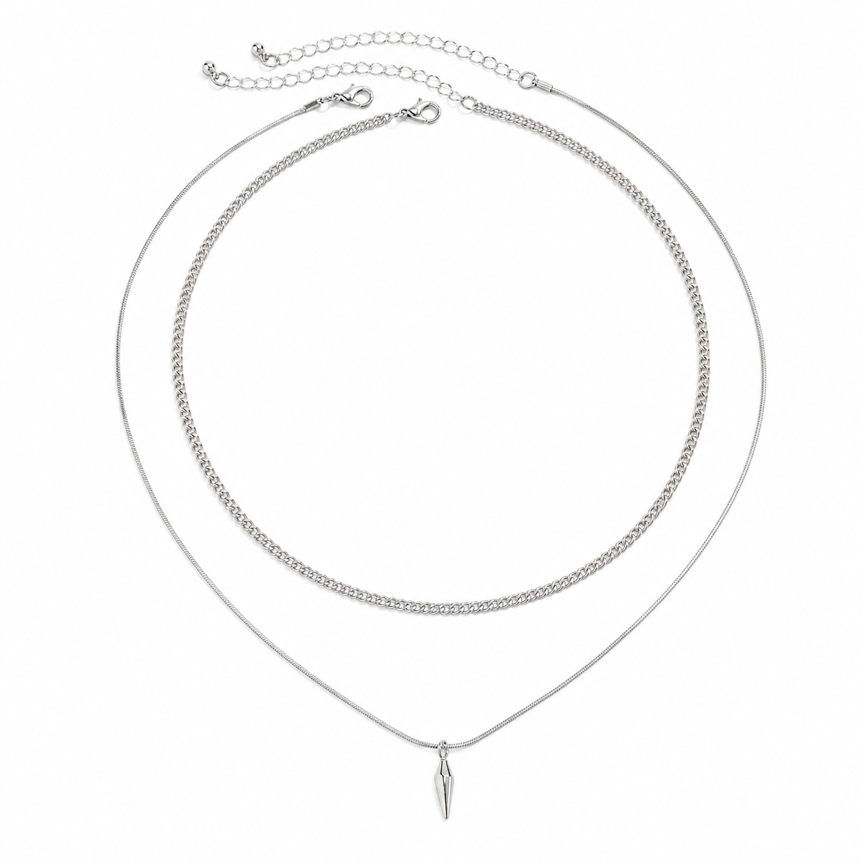 Men's layered silver curb and spike pendant necklace set, top view