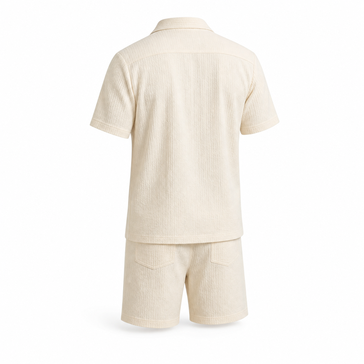 Men's beige textured camp shirt and shorts set, ghost mannequin back view