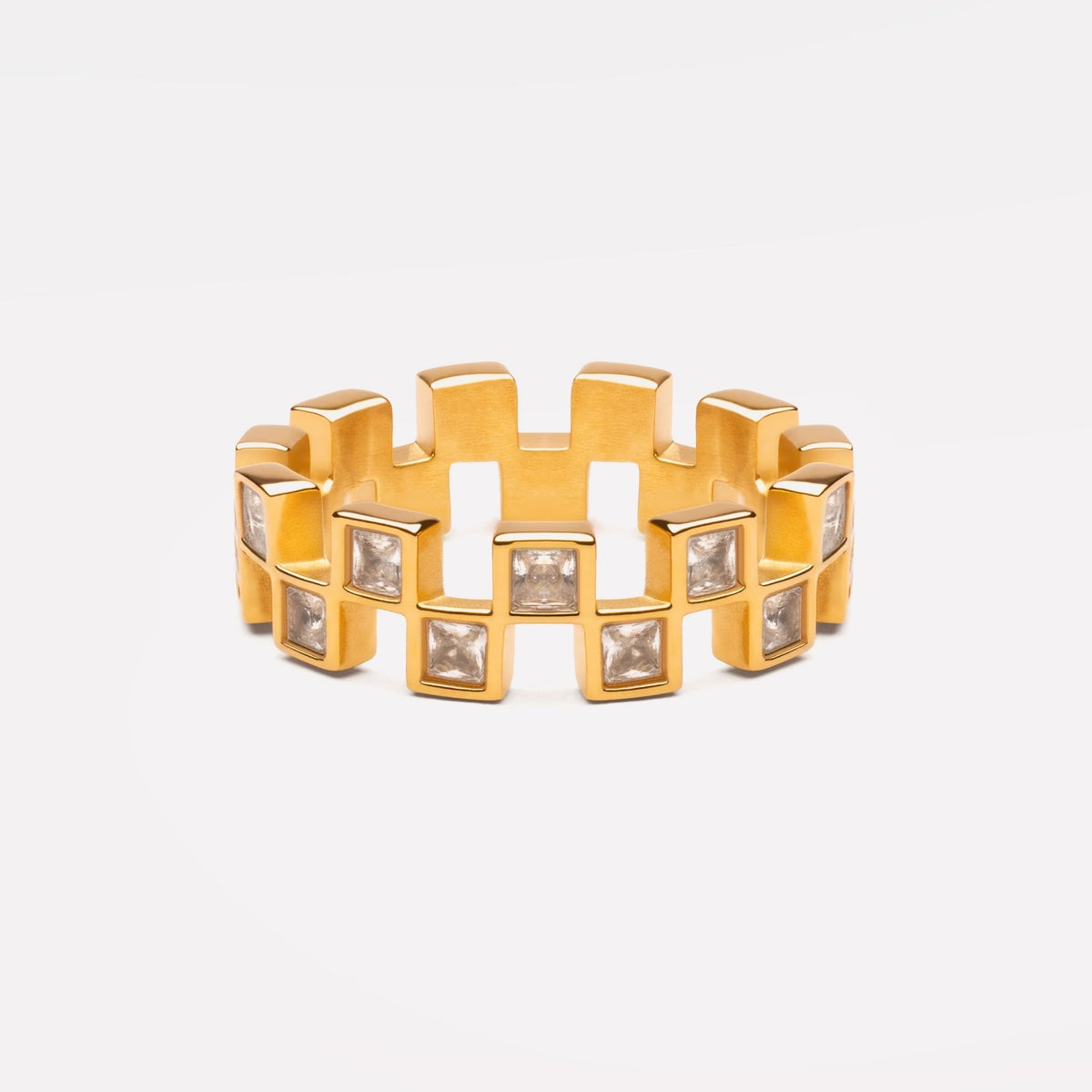 Bruce & Co Mosaic – Geometric Zircon Band Ring, Gold PVD Steel