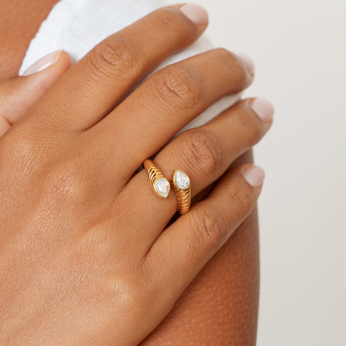 Bruce & Co Naya – Two Pear Zircon Open Ring, Steel