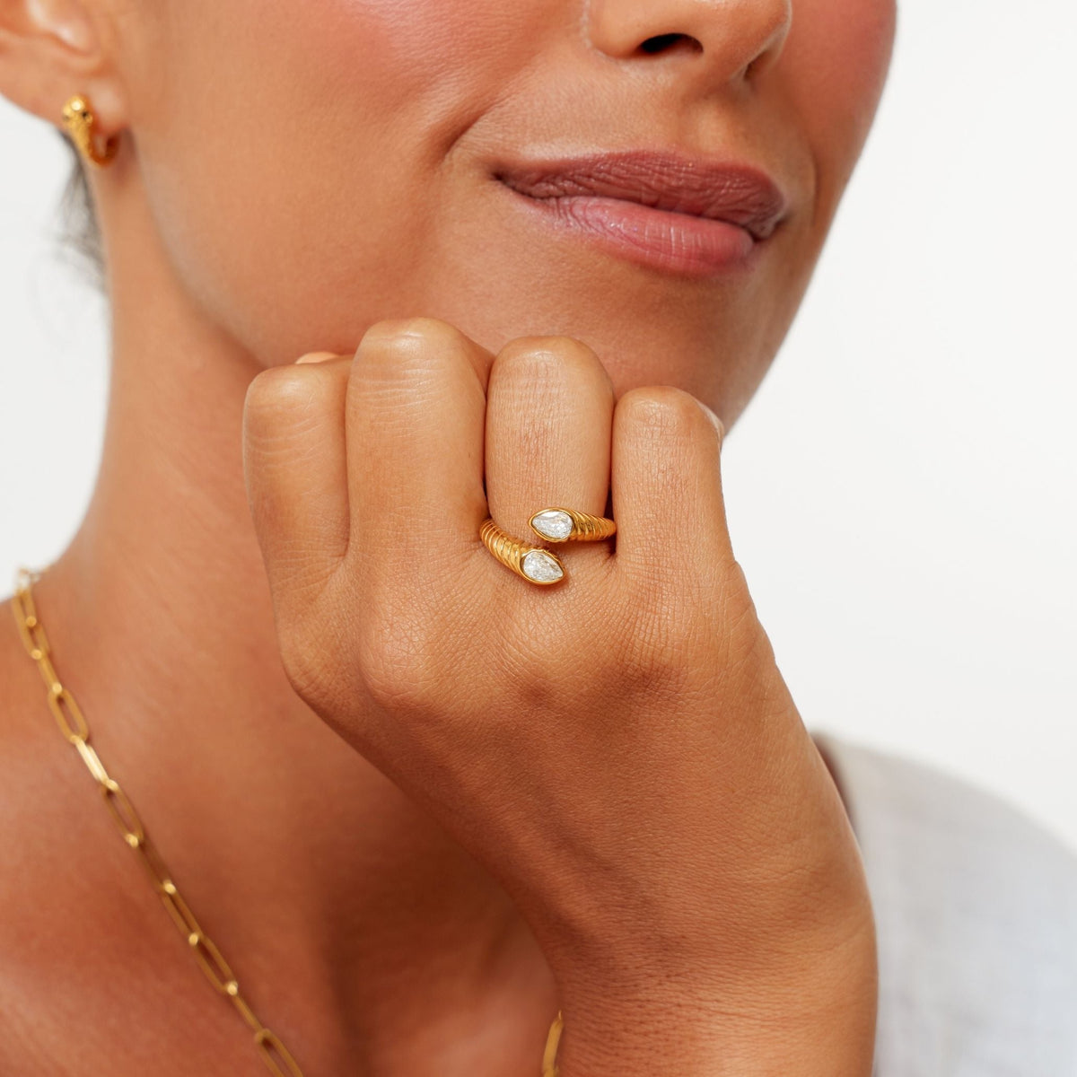 Bruce & Co Naya – Two Pear Zircon Open Ring, Steel