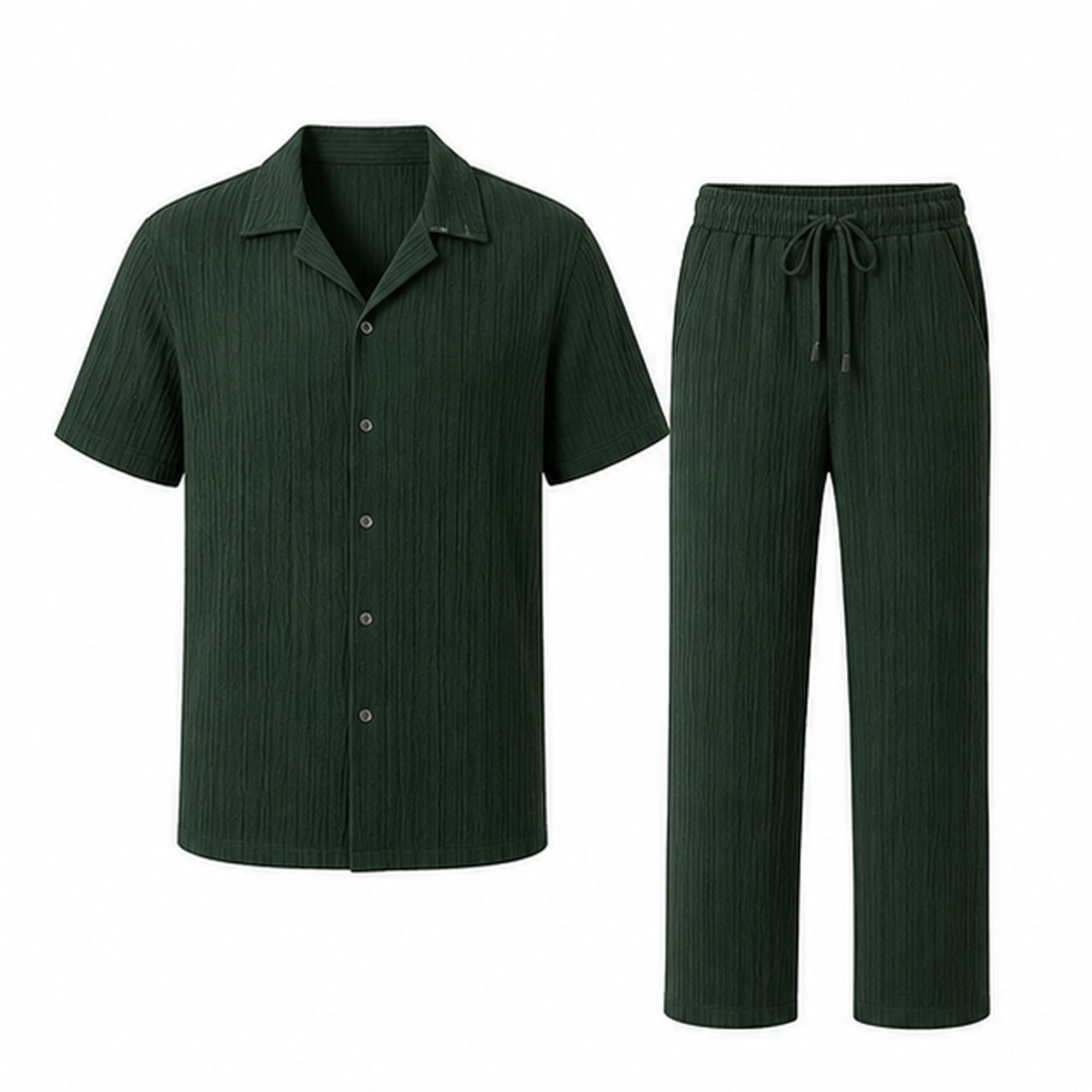Noredane dark green shirt and drawstring trousers set on pure white background
