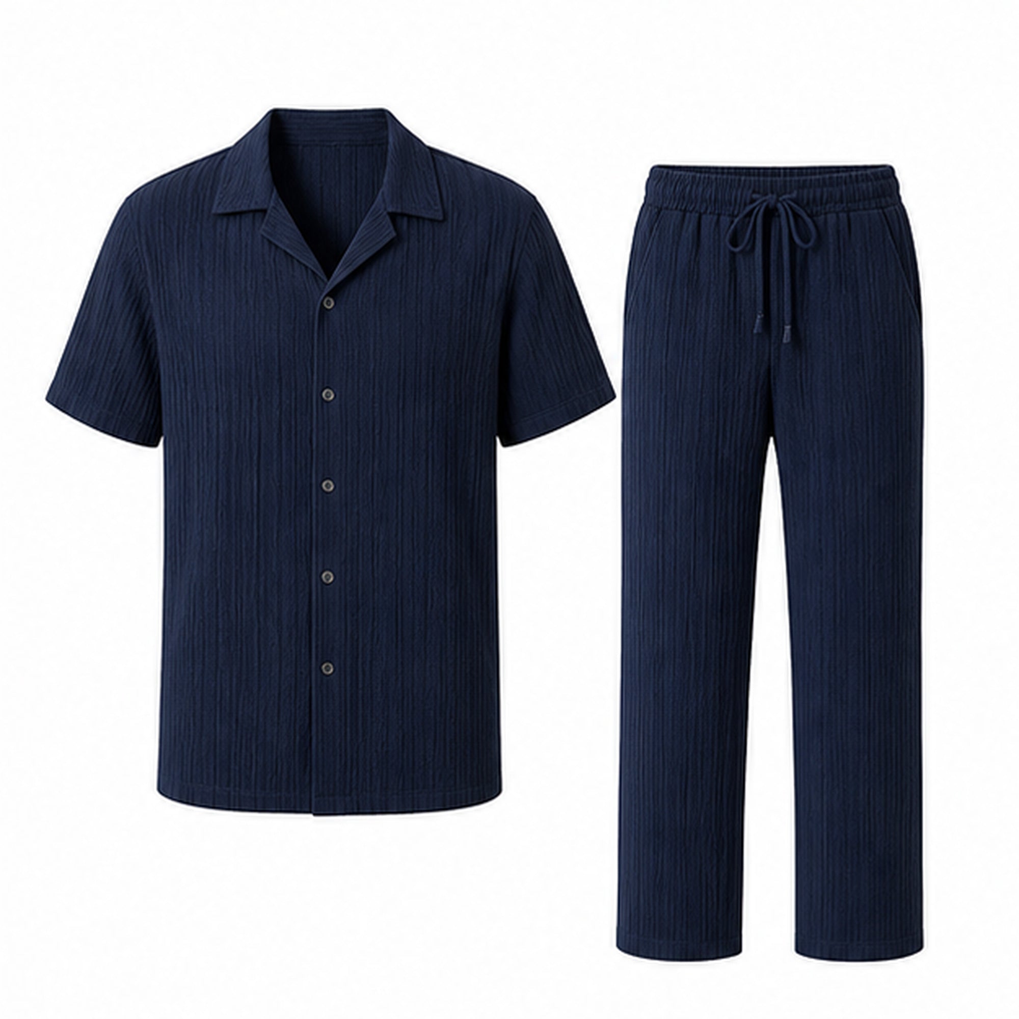 Noredane navy shirt and drawstring trousers set on pure white background