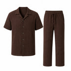 Noredane coffee shirt and drawstring trousers set on pure white background