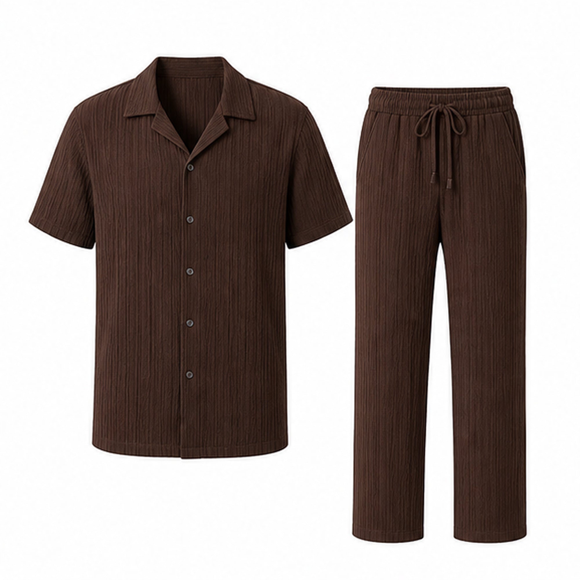 Noredane coffee shirt and drawstring trousers set on pure white background