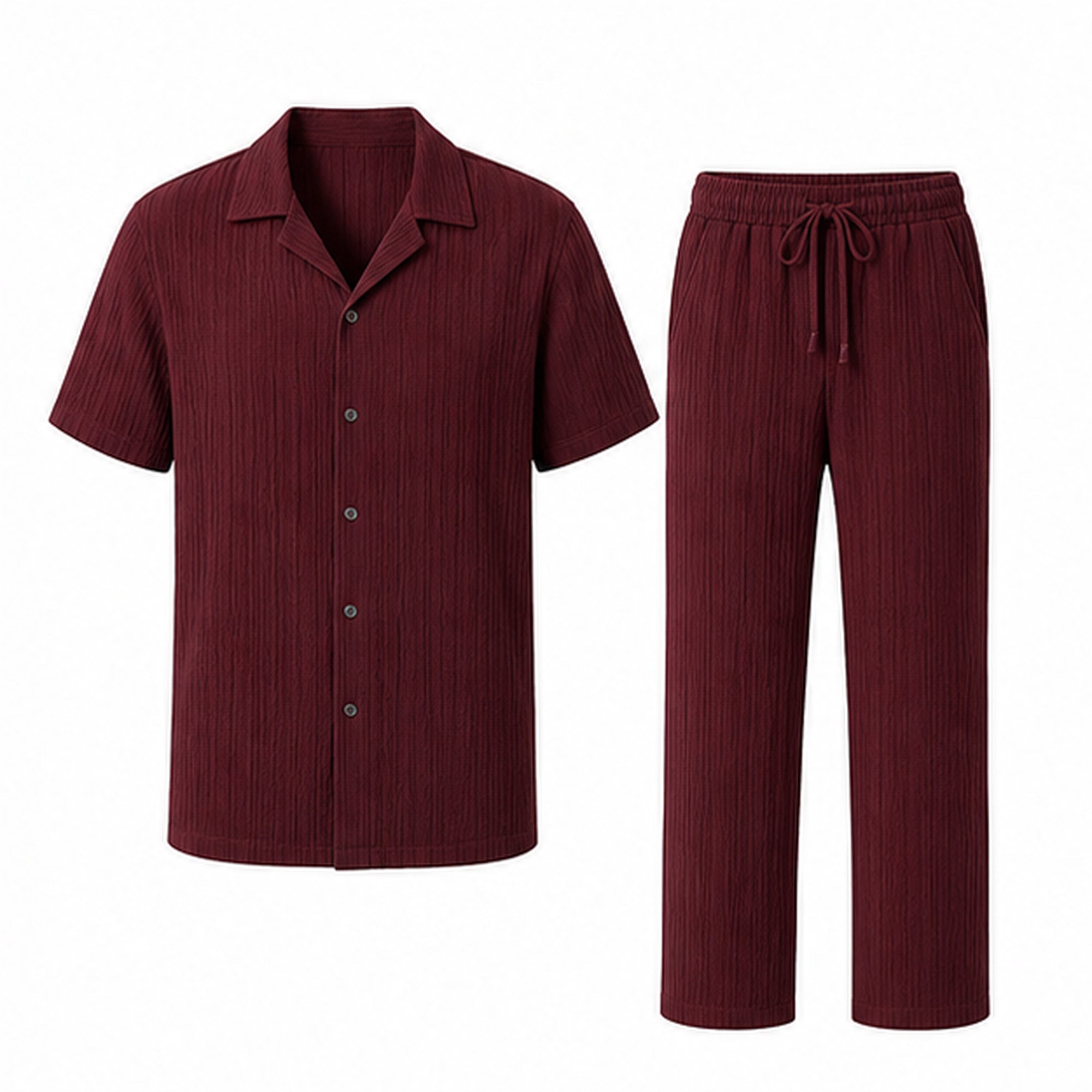 Noredane maroon shirt and drawstring trousers set on pure white background