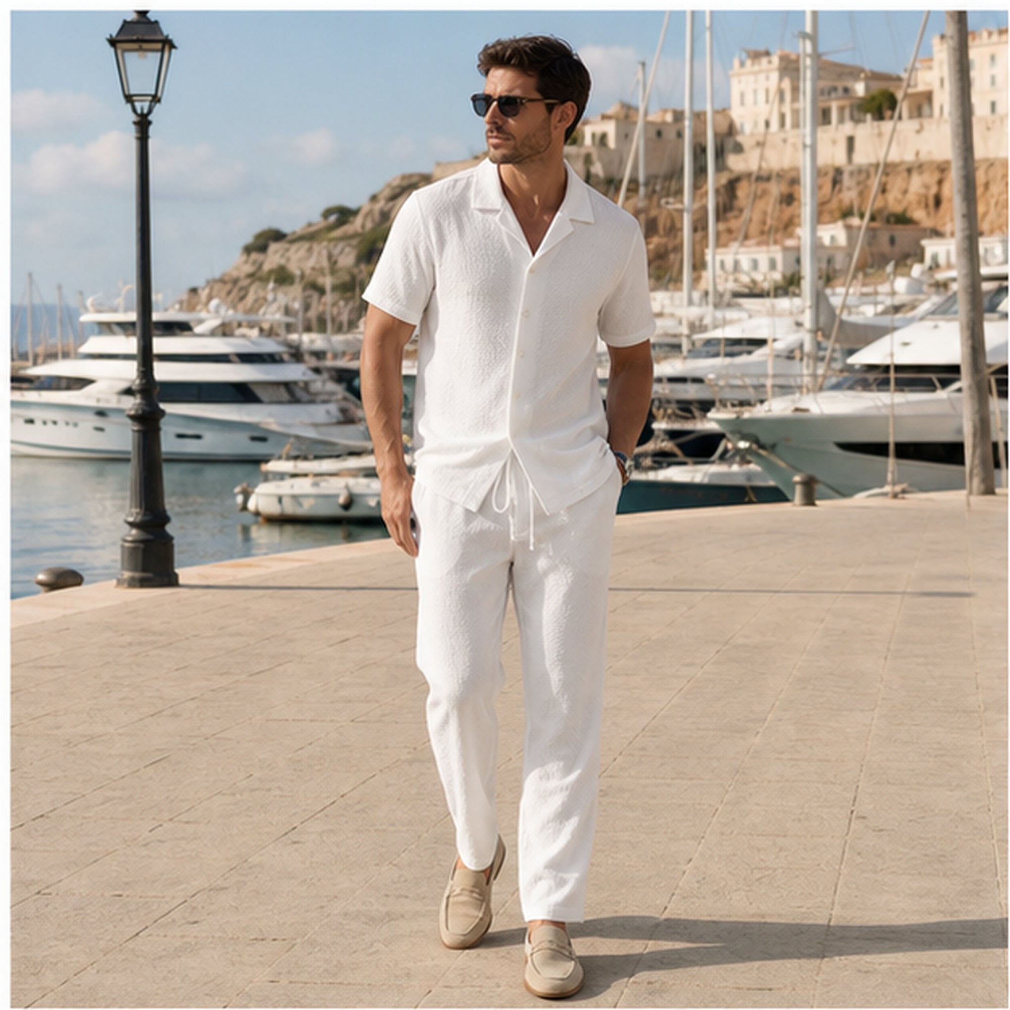 Noredane white coordinated set styled at a Mediterranean marina