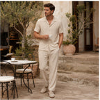 Noredane beige coordinated set styled in a coastal cafe courtyard