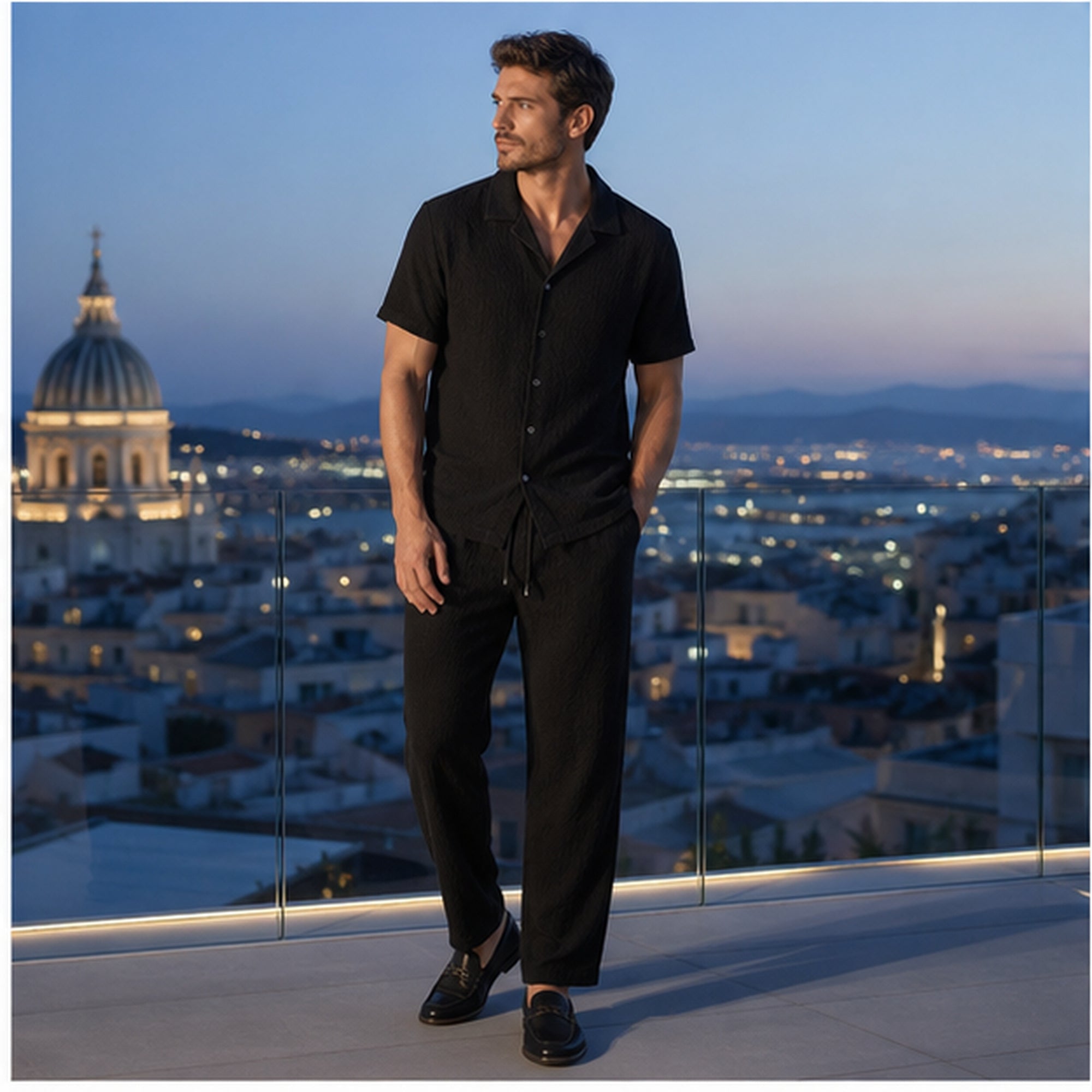 Noredane black coordinated set styled on a city rooftop