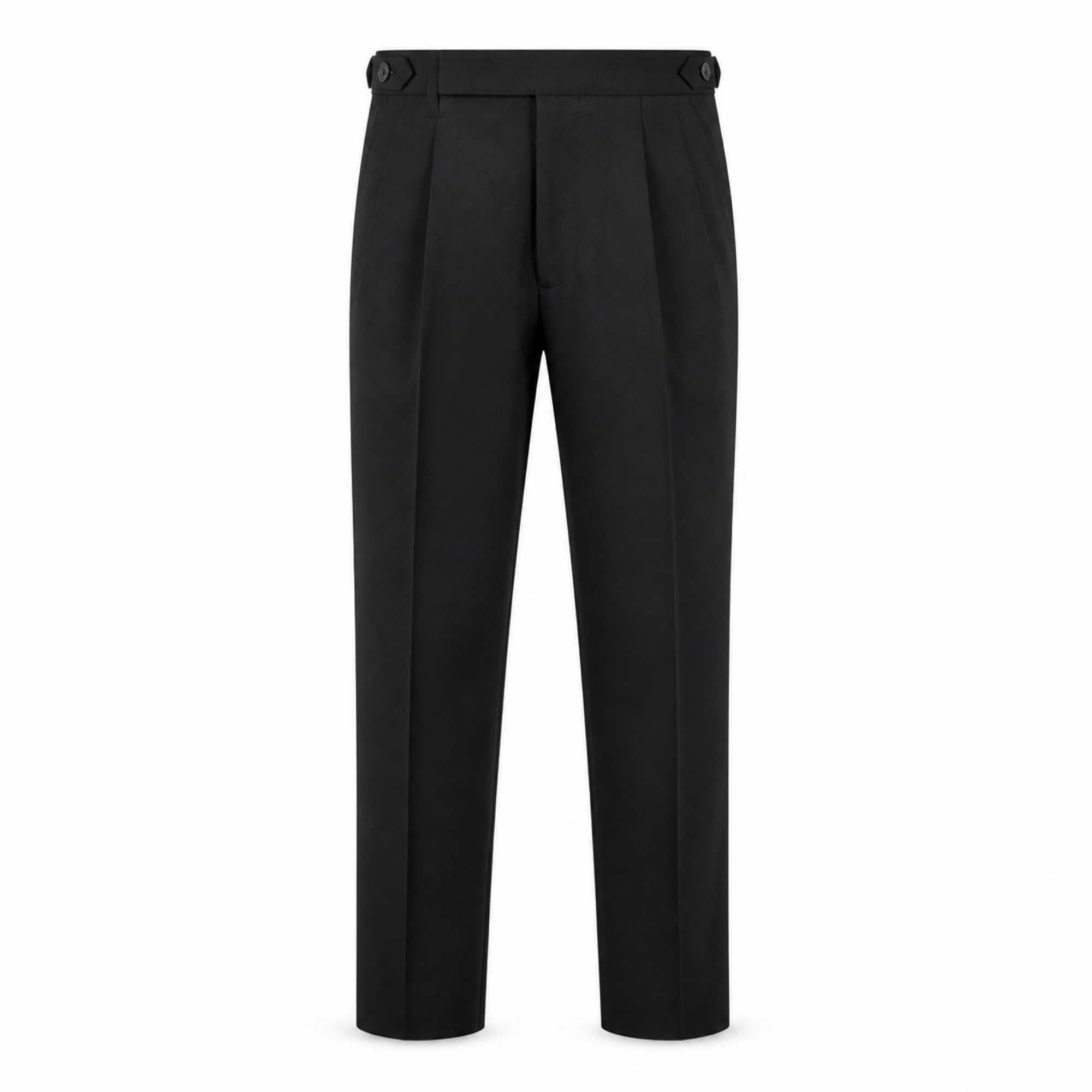 Norenor black side-adjuster pleated trousers front view on white studio background