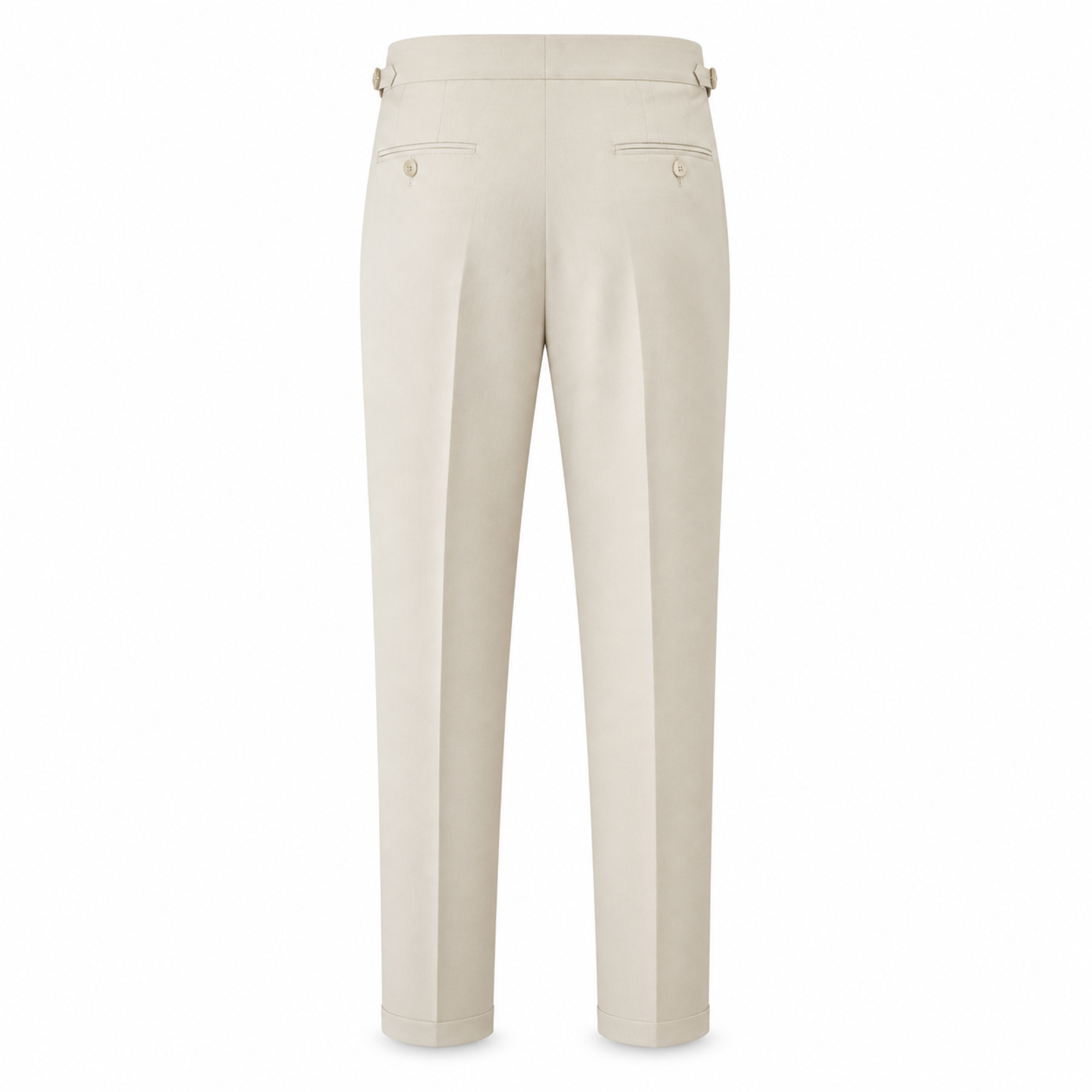Norenor beige tailored trousers rear view on white studio background