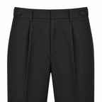 Norenor black trouser waistband pleats and side adjusters on white studio background