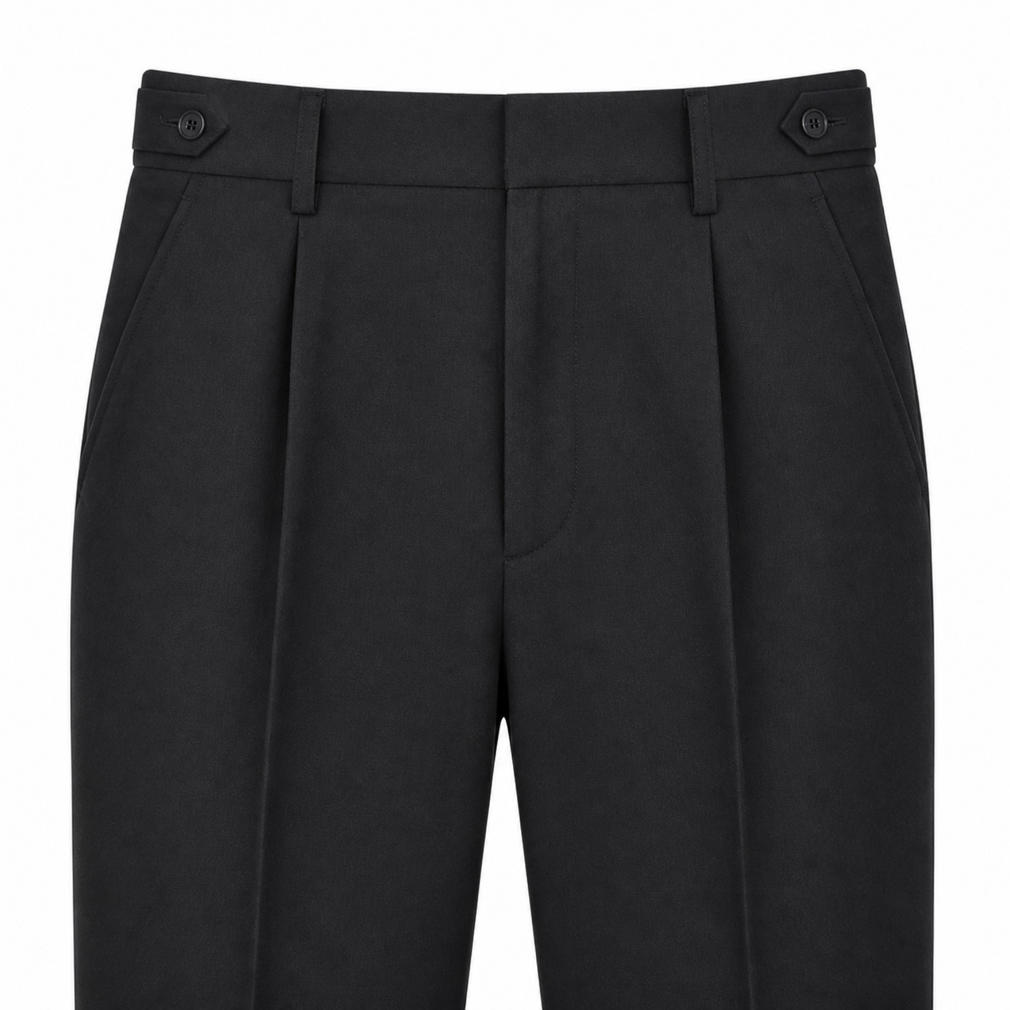 Norenor black trouser waistband pleats and side adjusters on white studio background