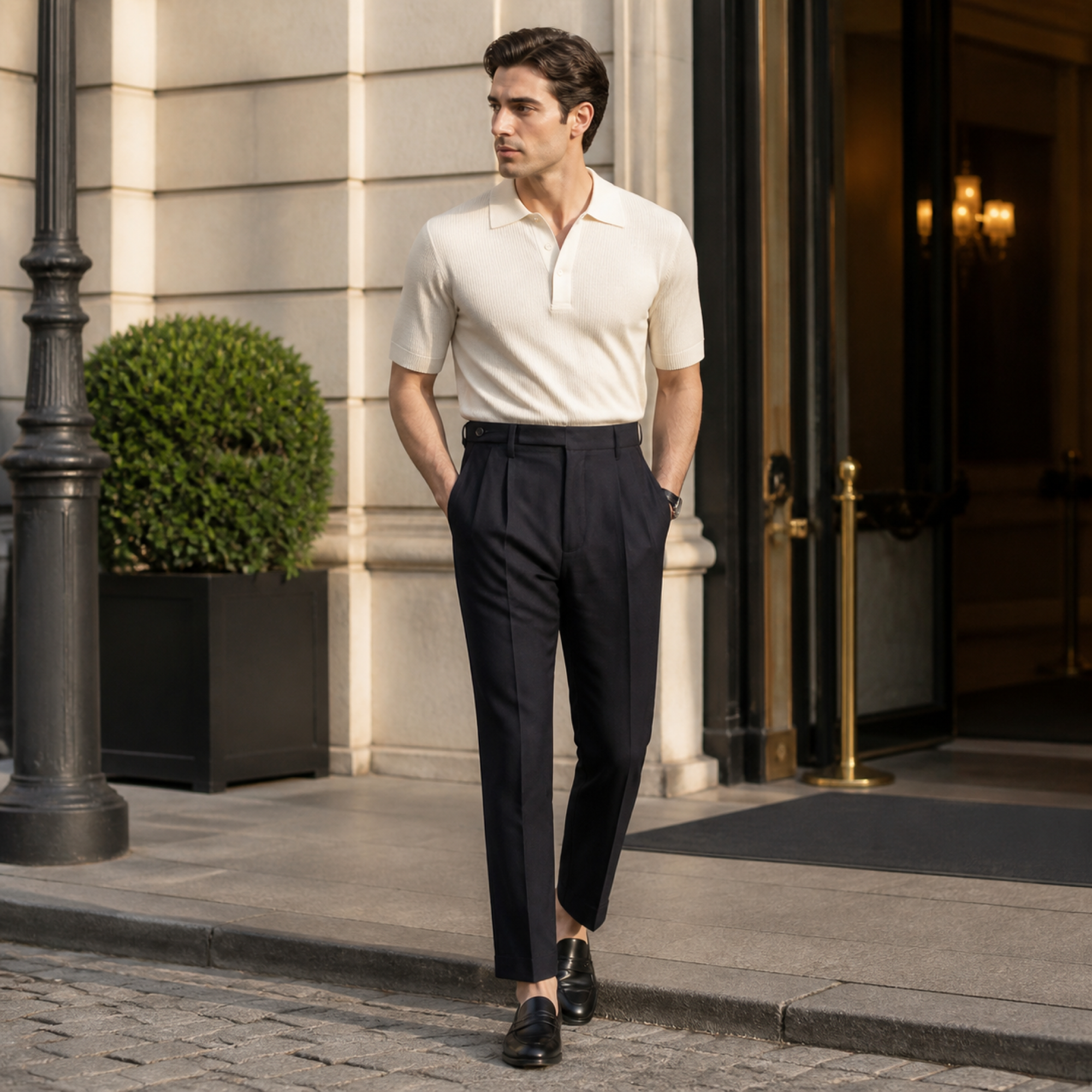 Norenor black pleated trousers styled outside a European hotel
