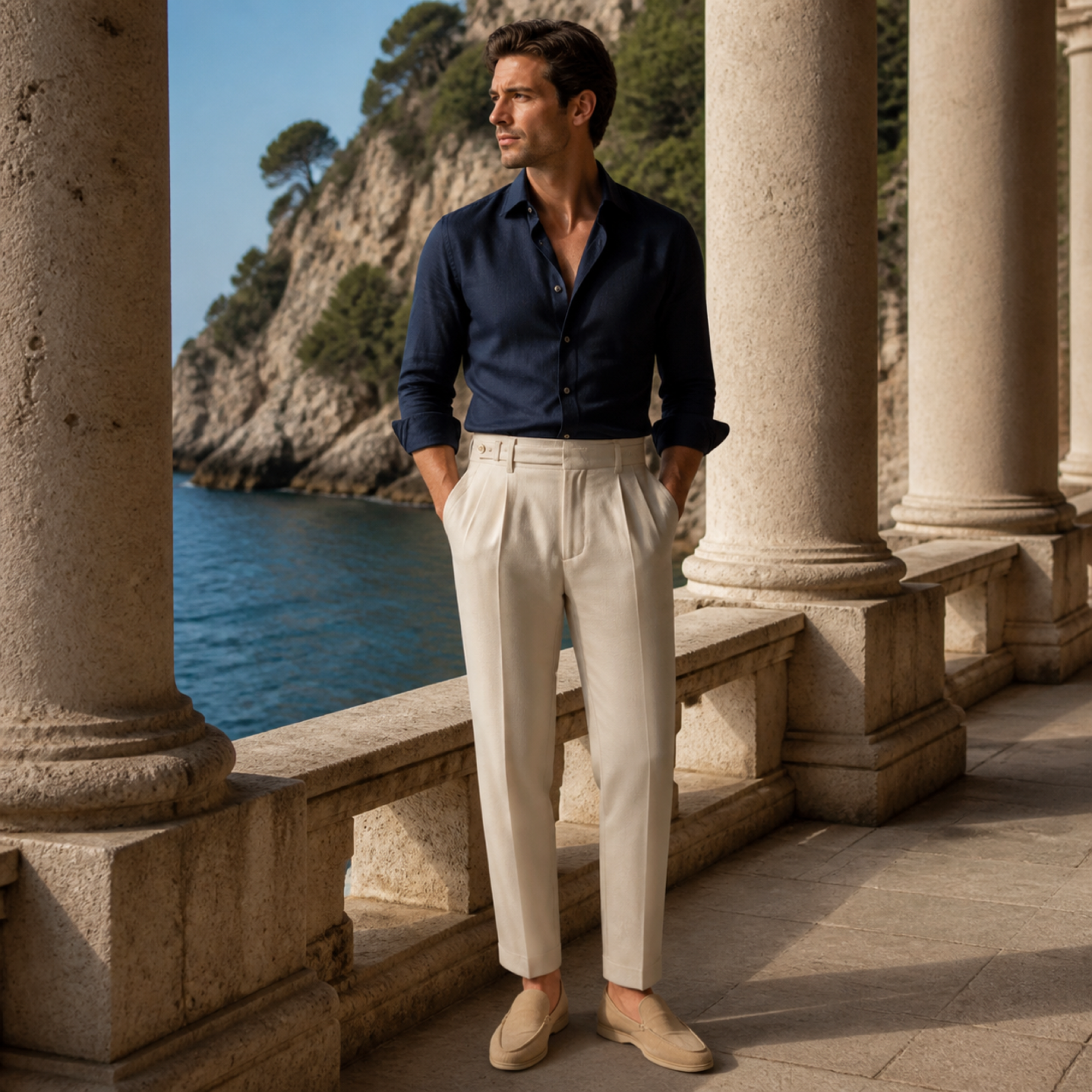 Norenor beige tailored trousers styled on a coastal colonnade