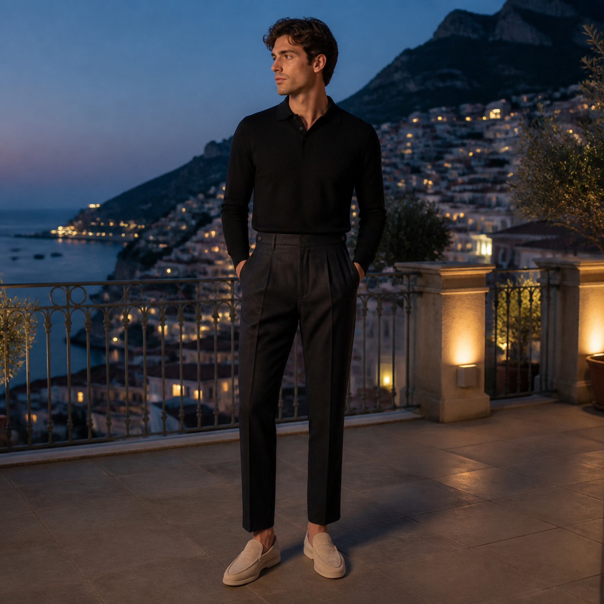 Norenor black tailored trousers styled on a Mediterranean rooftop