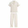 Norerino warm ivory textured shirt and drawstring trousers, front ghost mannequin view