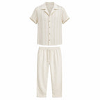 Norerino warm ivory textured shirt and drawstring trousers, front ghost mannequin view