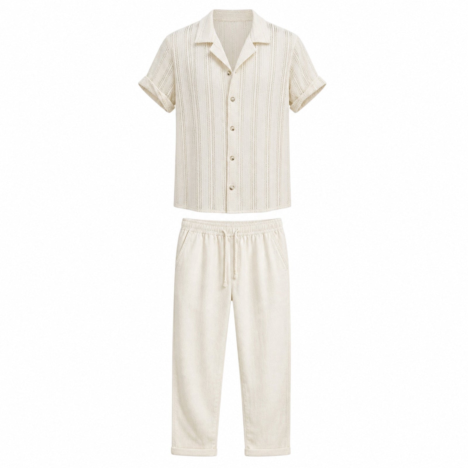 Norerino warm ivory textured shirt and drawstring trousers, front ghost mannequin view