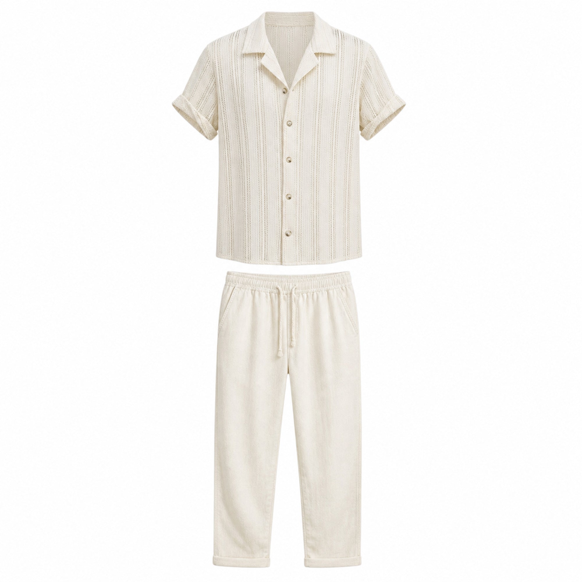 Norerino warm ivory textured shirt and drawstring trousers, front ghost mannequin view