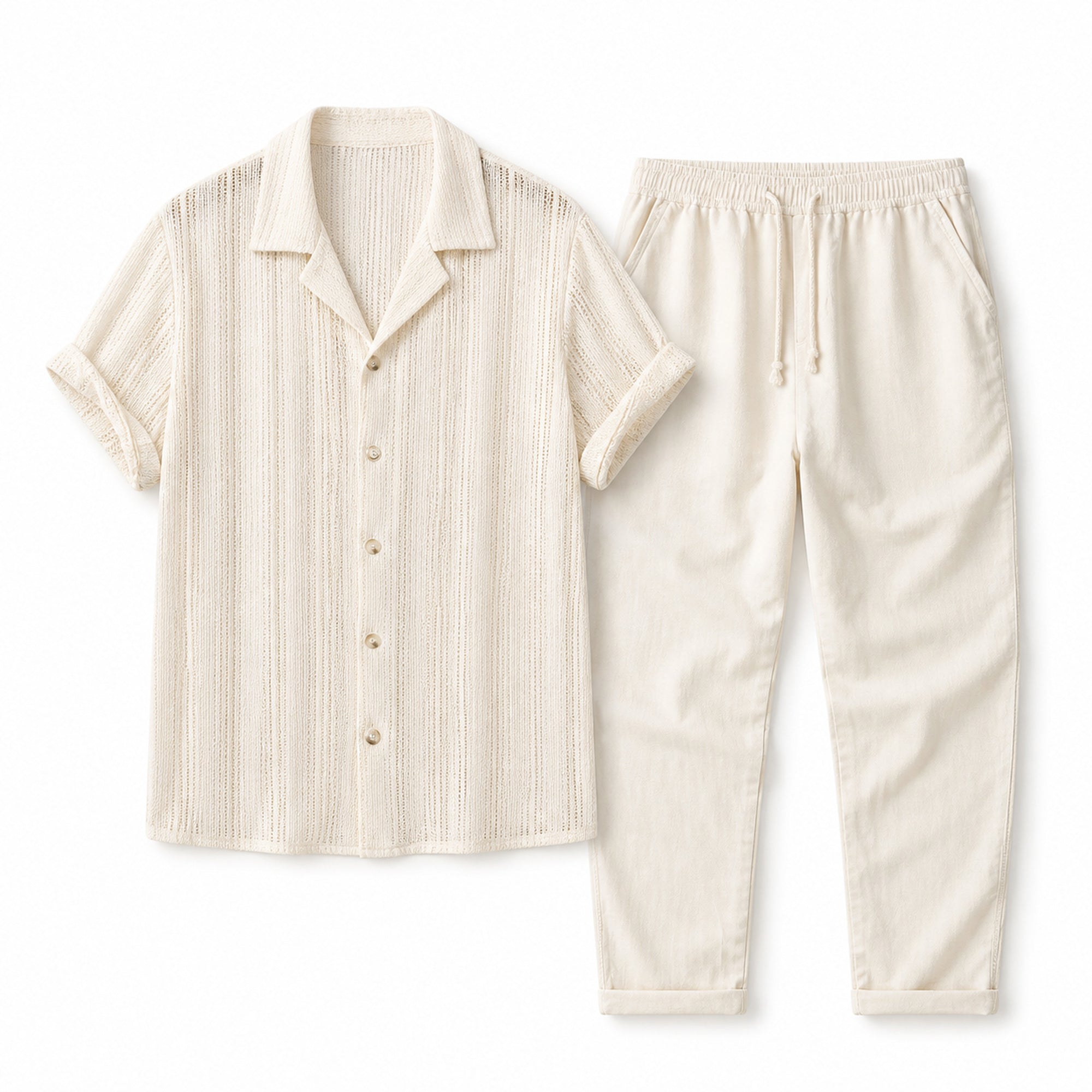 Norerino warm ivory textured shirt and drawstring trousers, studio flat lay