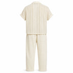 Norerino warm ivory textured shirt and drawstring trousers, rear ghost mannequin view