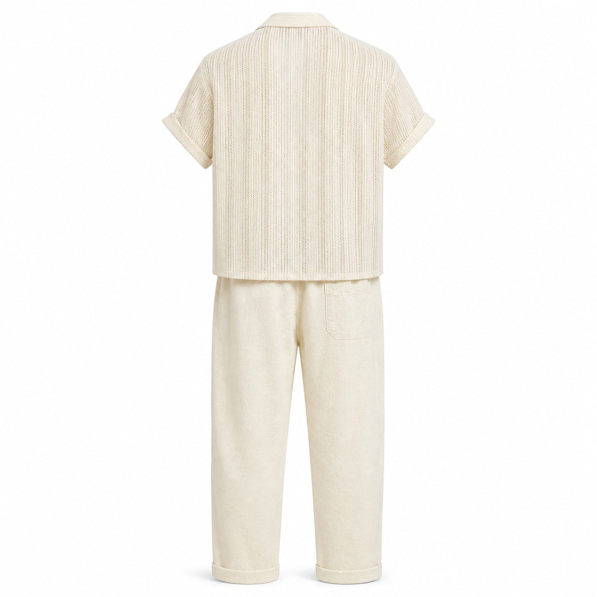 Norerino warm ivory textured shirt and drawstring trousers, rear ghost mannequin view