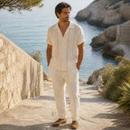 Norerino outfit styled on a Mediterranean cove walkway