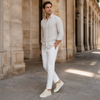 Bruce & Co Norvane beige slip-on sneakers worn in a refined street setting