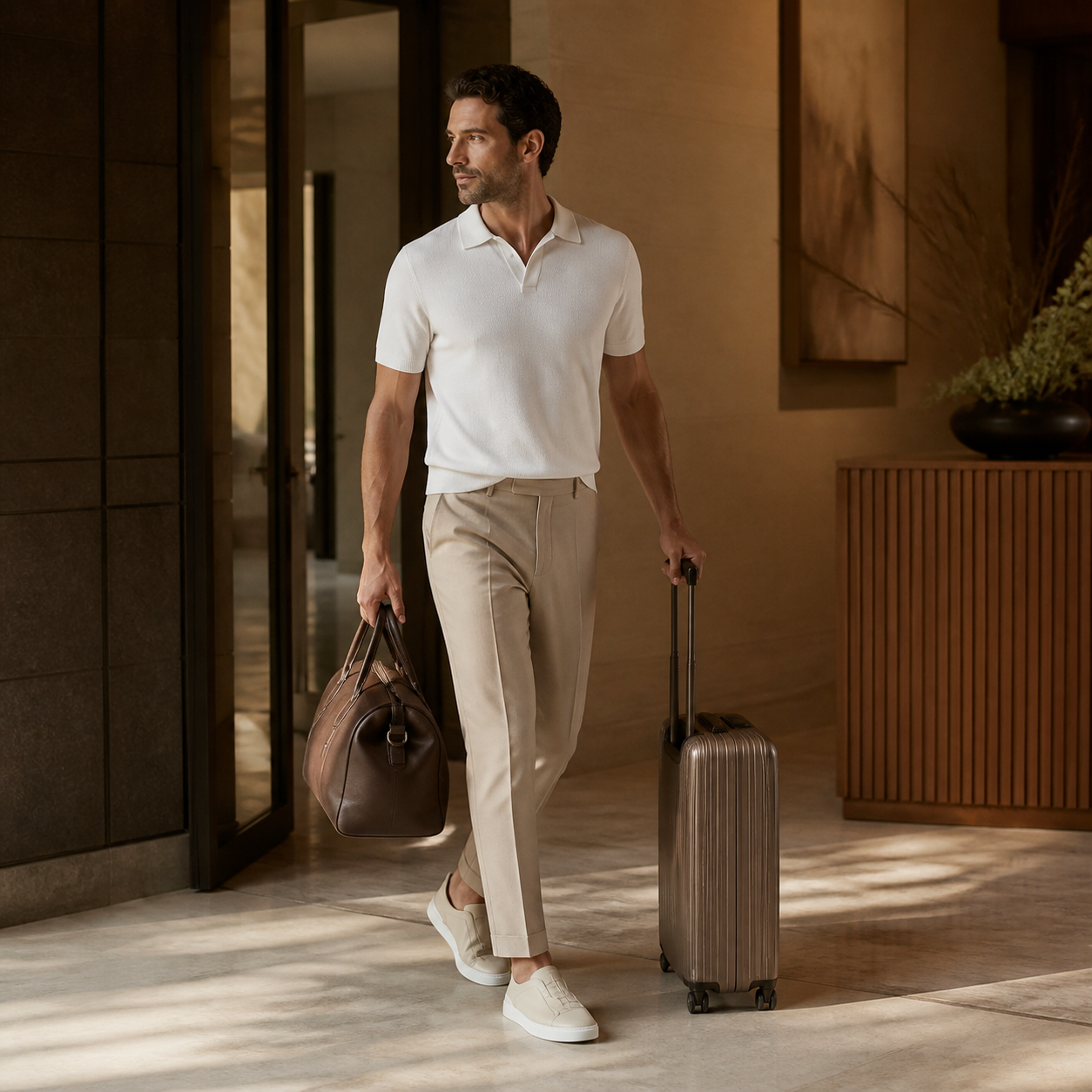 Bruce & Co Norvane beige slip-on sneakers worn in a hotel editorial