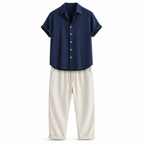 Orlian men's navy shirt and ivory trousers set on white studio background