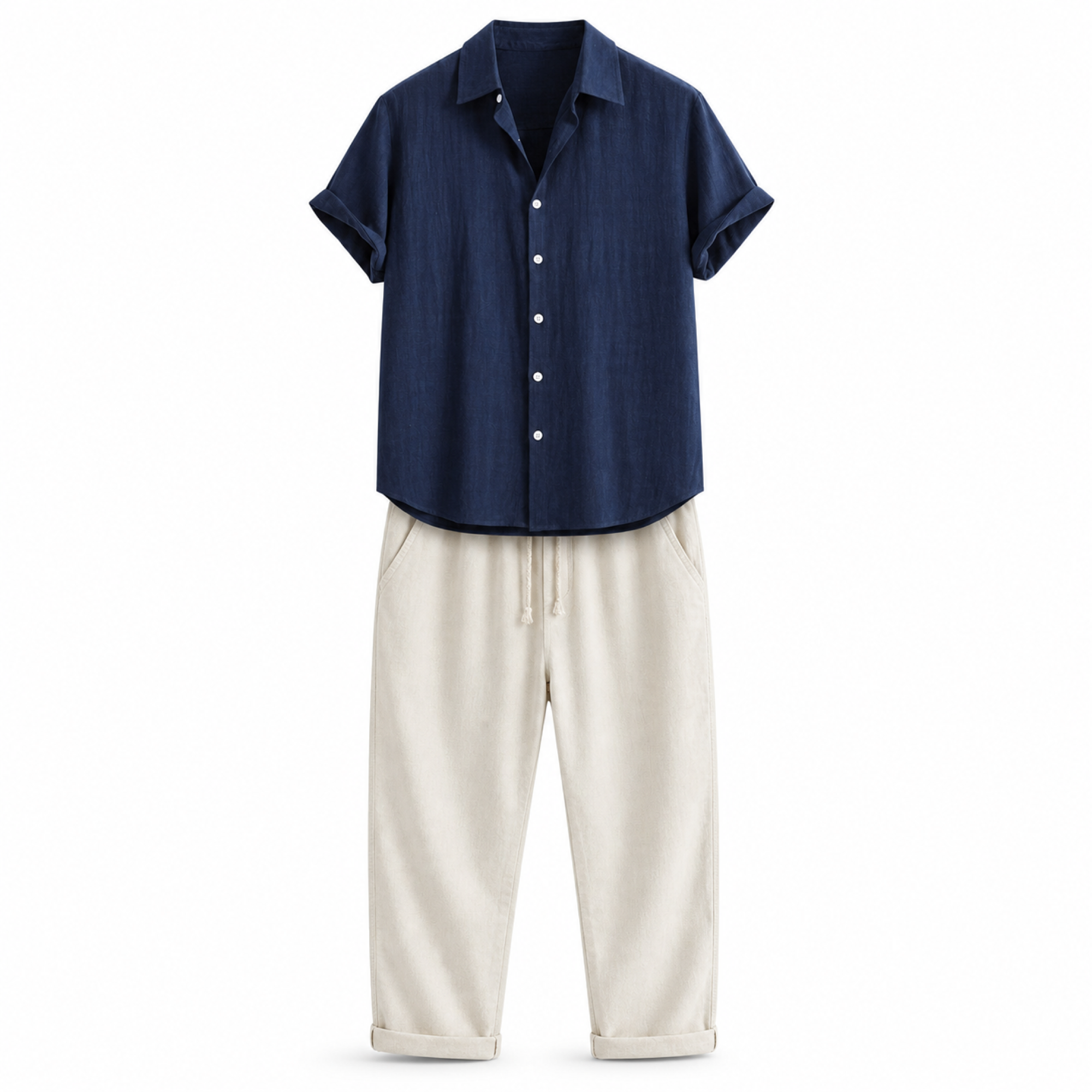 Orlian men's navy shirt and ivory trousers set on white studio background
