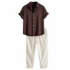Orlian men's coffee shirt and ivory trousers set on white studio background